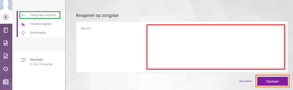 U kunt (1) een reactie geven op het bijbehorende zorgplan, (2) de visuele weergave van het zorgplan raadplegen en (3) het zorgplan downloaden (zie groene kader in afbeelding 12).