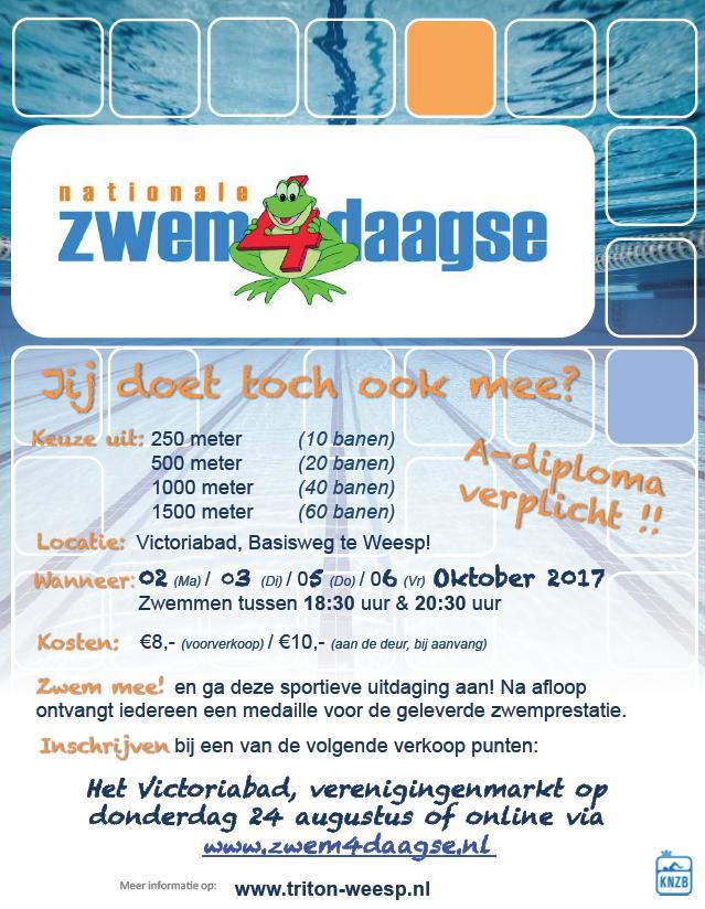 Zwem4daagse! Van 2 t/m 6 oktober organiseren WZ&PC Triton en het Victoriabad in Weesp de Zwem4daagse.