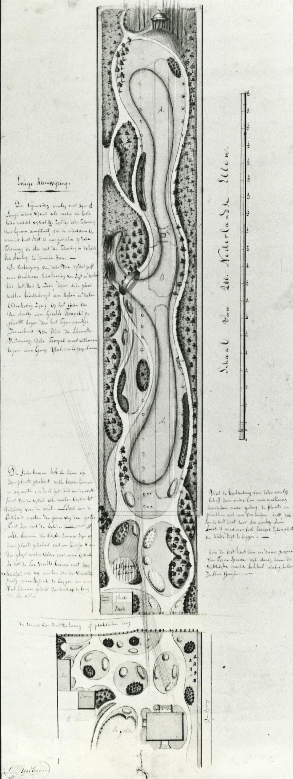Ontwerpschets tuin en overtuin (1832) De tekening van de gehele aanleg kan eveneens getypeerd worden als een gedetailleerde ontwerpschets.