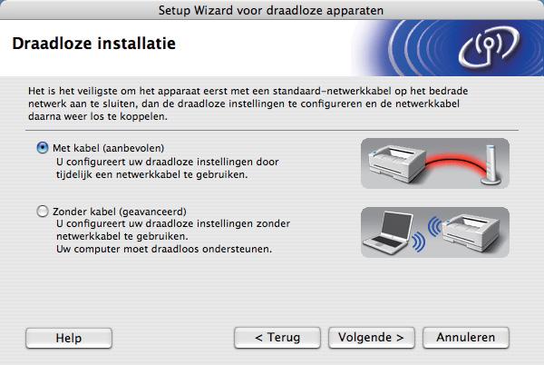 e Klik op Bij gebruik van een draadloos netwerk. f Kies Draadloze installatie en driver installeren (Aanbevolen) en klik op Volgende.