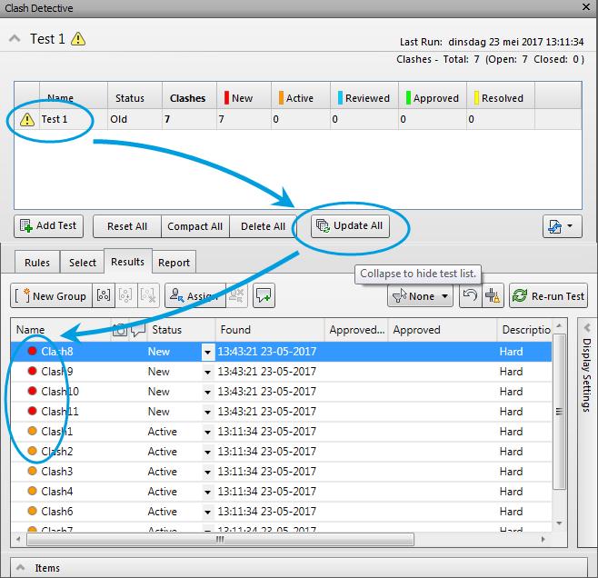 Op het tabblad 'Clash Detection' kun je nu de 'Clash' opnieuw draaien waarbij de resultaten uit de eerste 'Clash' van rood naar geel