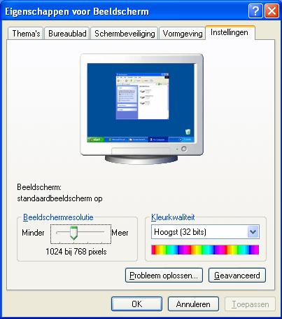 Windows XP: Eigenschappen voor beeldscherm Met dit Windowsprogramma kunt u de eigenschappen van uw beeldscherm instellen. Het gaat hier b.v. om achtergrond, schermbeveiliging, actieve desktop (web) alsook andere instellingen van uw beeldscherm en de grafische kaart.