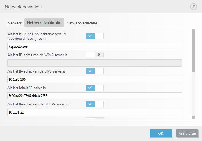 Netwerkidentificatie Netwerkidentificatie vindt plaats op basis van de parameters van de lokale netwerkadapter.