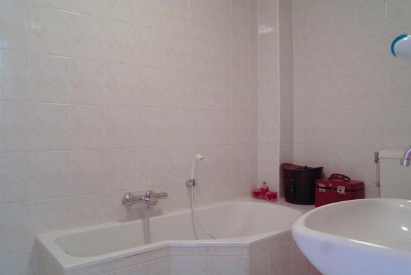 De complete badkamer is voorzien van een ligbad, separate douche,