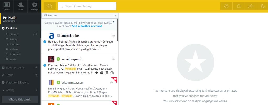 Hoe mentions beheren? Nu u weet hoe u een alert kan instellen, gaan we dieper in op hoe u mentions (vermeldingen op de ingegeven zoekwoorden) kan beheren.