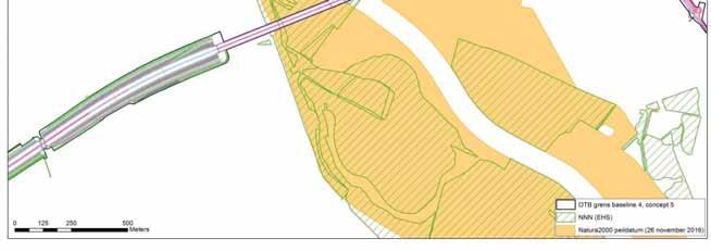 Figuur 5-4 Ligging OTB grens (zwart) en grenzen verharding (roze) ter hoogte van Natura 2000 gebied Rijntakken (gevuld geel) en NNN (gearceerd).