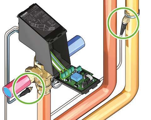 Verbinding sensoren: Als de installatie dit vereist, moet voor de kabel tussen de aanvoer- en retoursensoren en de regelaar een kabelgoot worden
