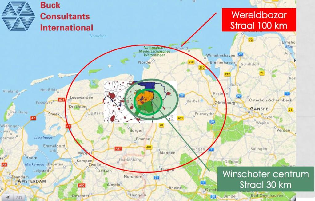 Figuur 3.3 Potentieel verzorgingsgebied Wereldbazar Bron: BCI De Wereldbazar kan met zijn grote aanzuigende werking voor een forse koopkracht toevloeiing zorgen door toestroom van bezoekers.