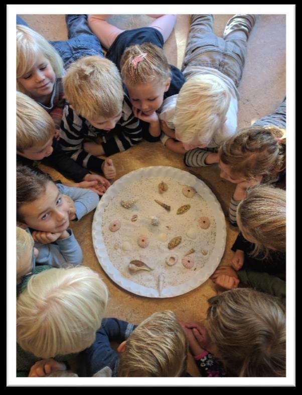 Unit 1/2 In groep rood hebben we samen een schelpen schilderij gemaakt (mandala) in de ochtendkring.