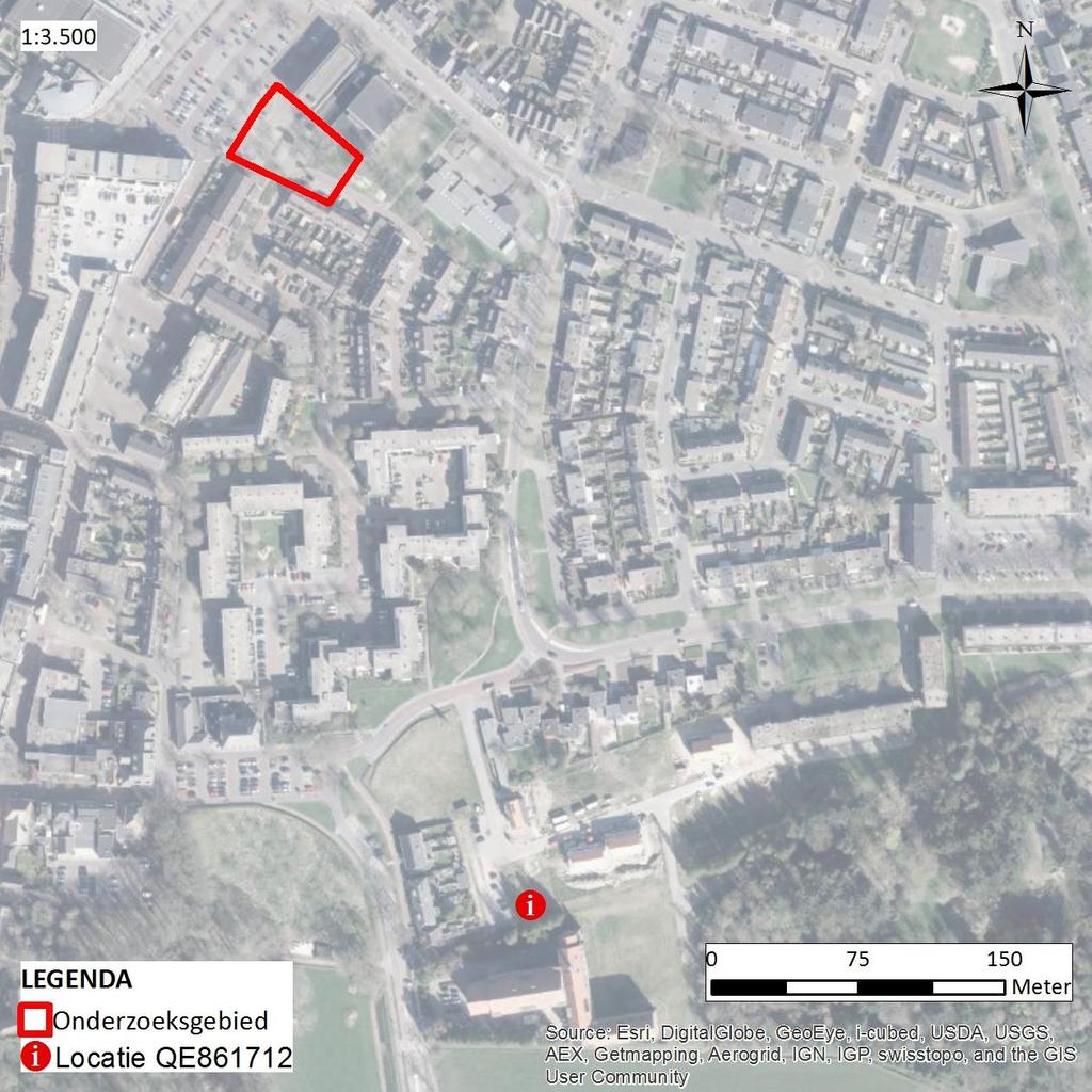Figuur 3: Overzicht van het onderzoeksgebied Perceel Bommersheufsestraat te Zevenaar, afgezet tegen het in de vluchtrapporten opgenomen bombardementscoördinaat QE8617