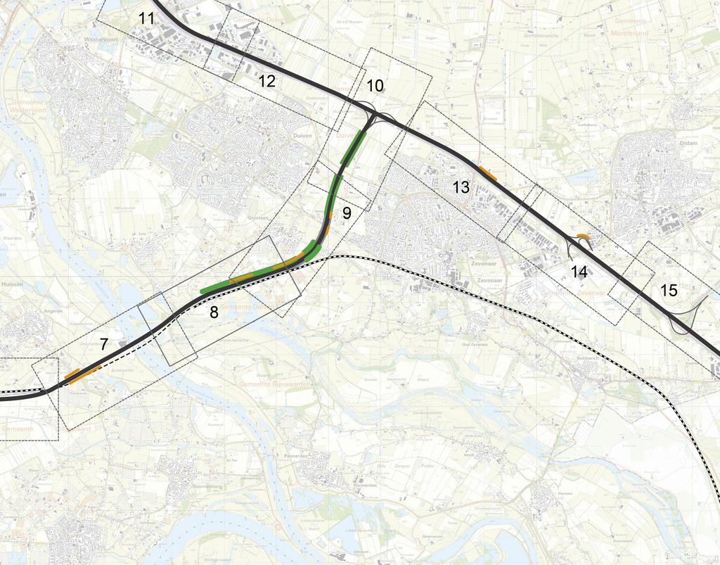 V I A 1 5 geluidsscherm in groen bij Helhoek: 2m. (zicht)wallen i.c.m. halfverdiepte ligging tussen Duiven - Zevenaar geluidsscherm in haag bij Griethse Poort: 1m.