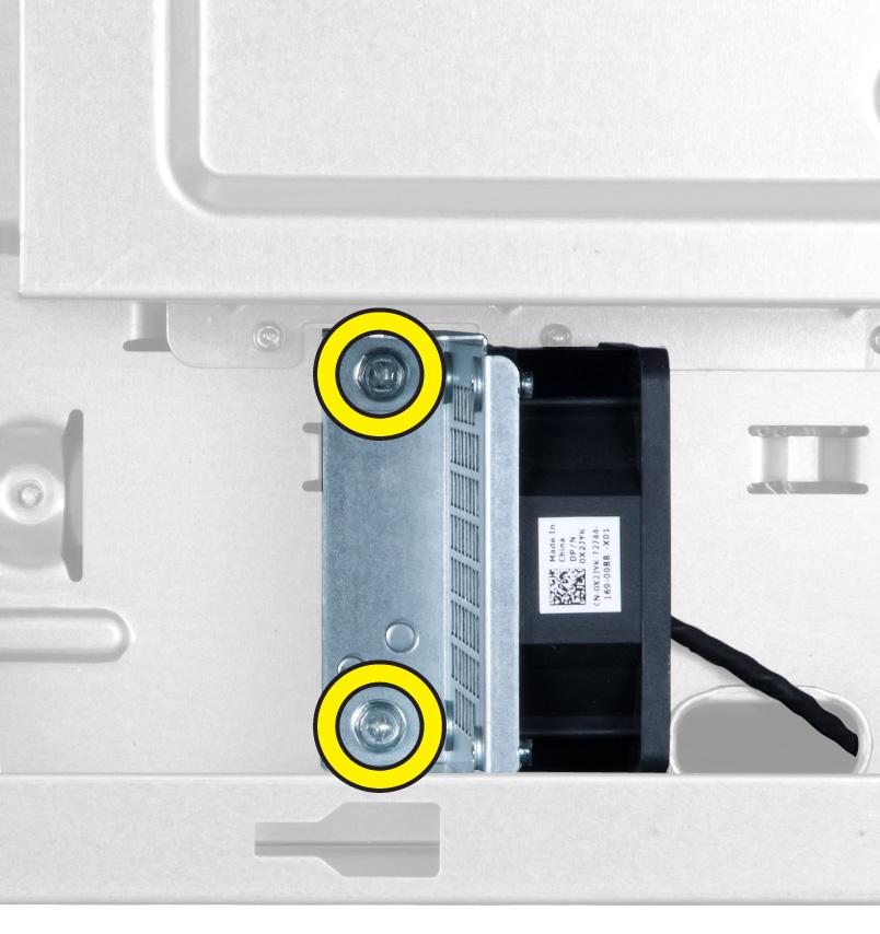 5. Verwijder de schroeven waarmee de ventilator van de harde schijf aan de voorzijde van het chassis is bevestigd en verwijder de ventilator uit de computer.