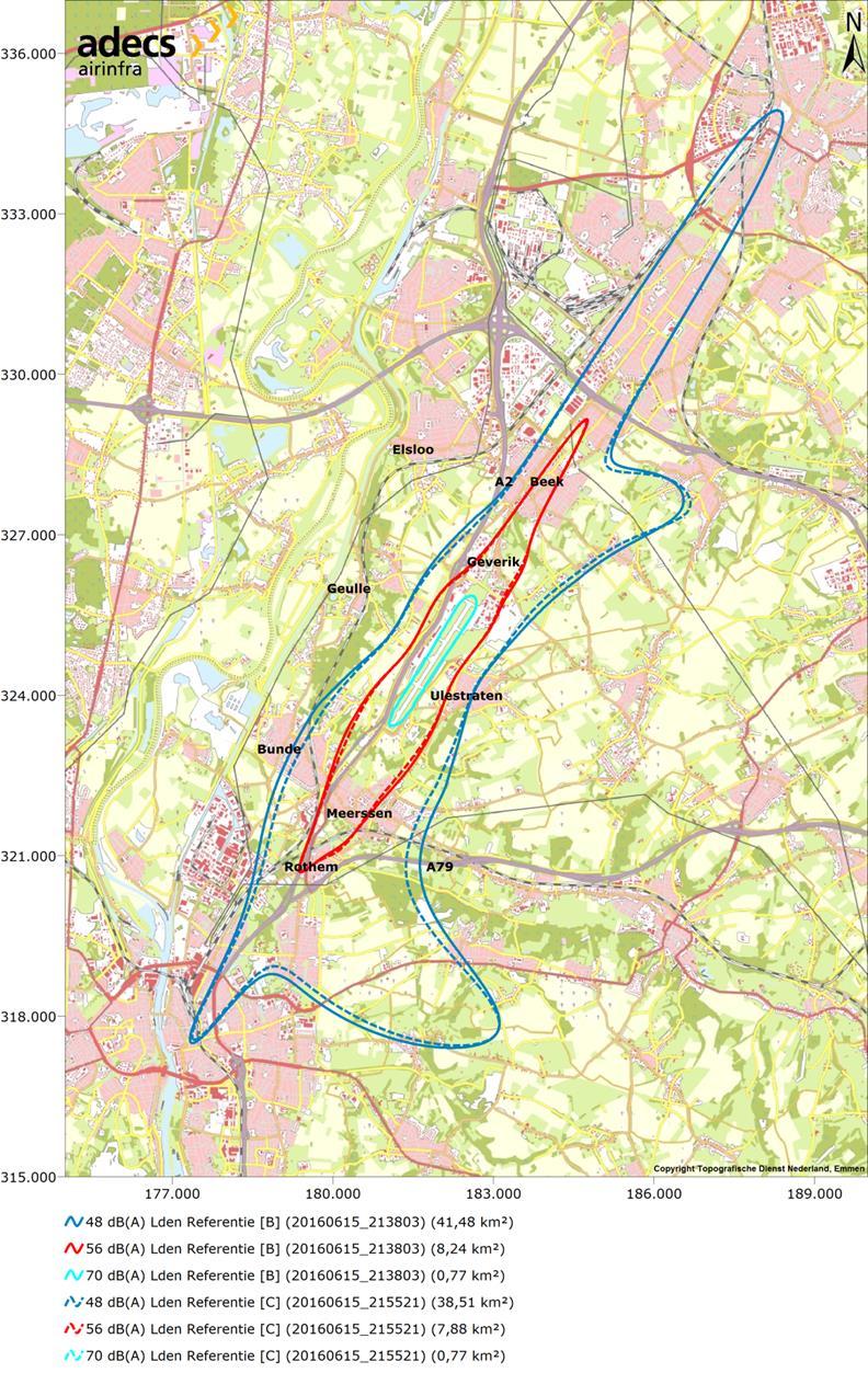 Figuur 3-3 Vergelijking geluidcontouren Omzettingsregeling 2014 na update vliegroutes én Appendices (volle lijn) en Omzettingsregeling 2014