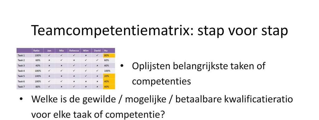 Welke competenties opgenomen worden in het overzicht, hangt af van het soort team waarin men werkt.