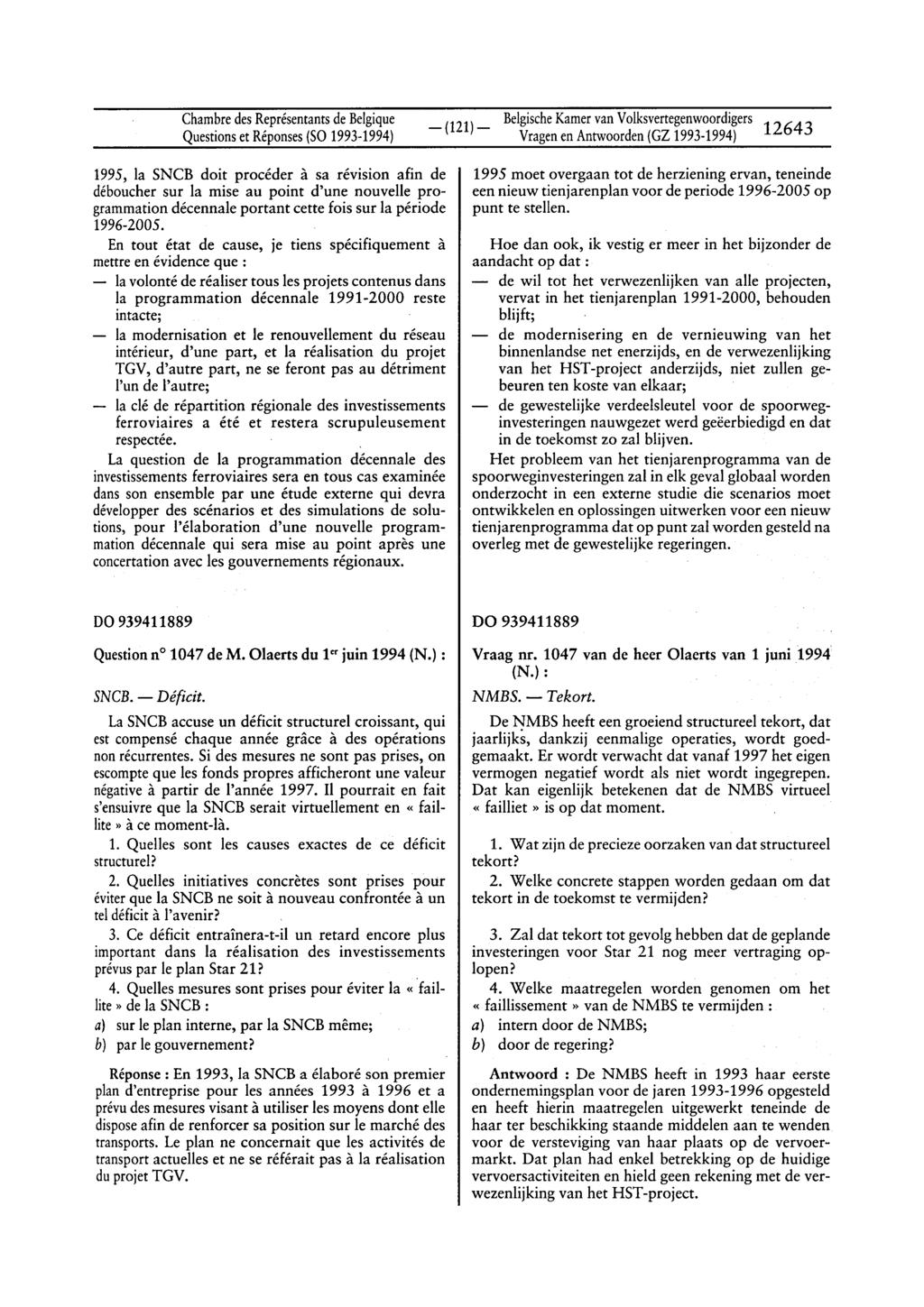 ChambredesReprésentantsdeBelgique _ (121)_ BelgischeKamervanVolksvertegenwoordigers 12643 VragenenAntwoorden(GZ 1993-1994) 1995, la SNCB doit procéder à sa révision afin de déboucher sur la mise au