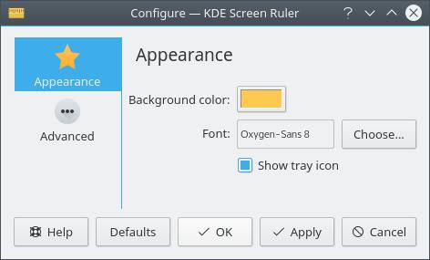 KDE Screen Ruler instellen... In deze dialoog kunt u de achtergrondkleur en het lettertype wijzigen en het pictogram in het systeemvak. Sluiten (Ctrl+W) Verbergt KDE Screen Ruler.
