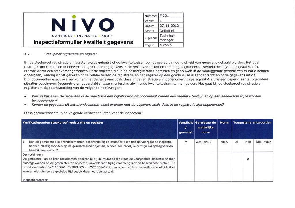N IVO Inspectieformulier kwaliteit gegevens F 721
