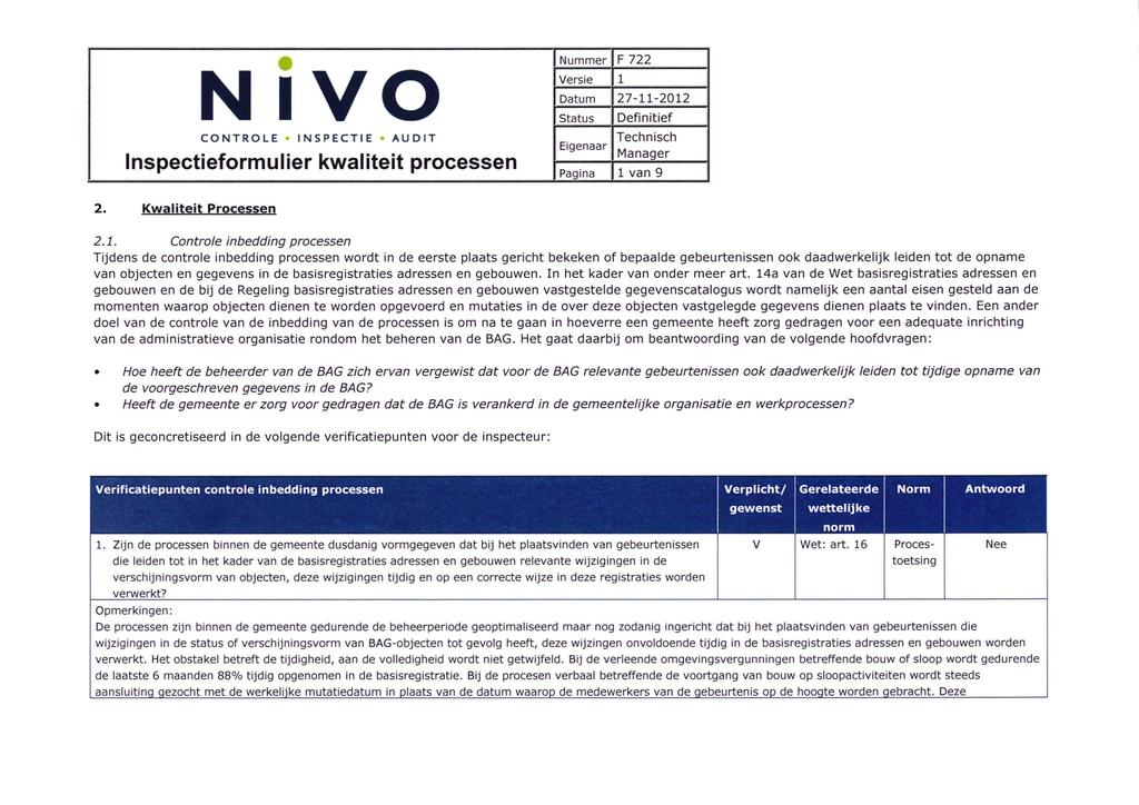 Inspectieformulier kwaliteit processen F 722 1 