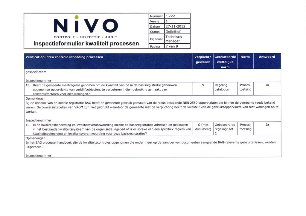 N IVO CONTROLE INSPECTIE AUDIT Inspectieformulier kwaliteit processen F 722 7 van 9 Verificatiepunten controle inbedding processen Verplicht/ Gerelateerde Norm Antwoord gewenst wettelijke