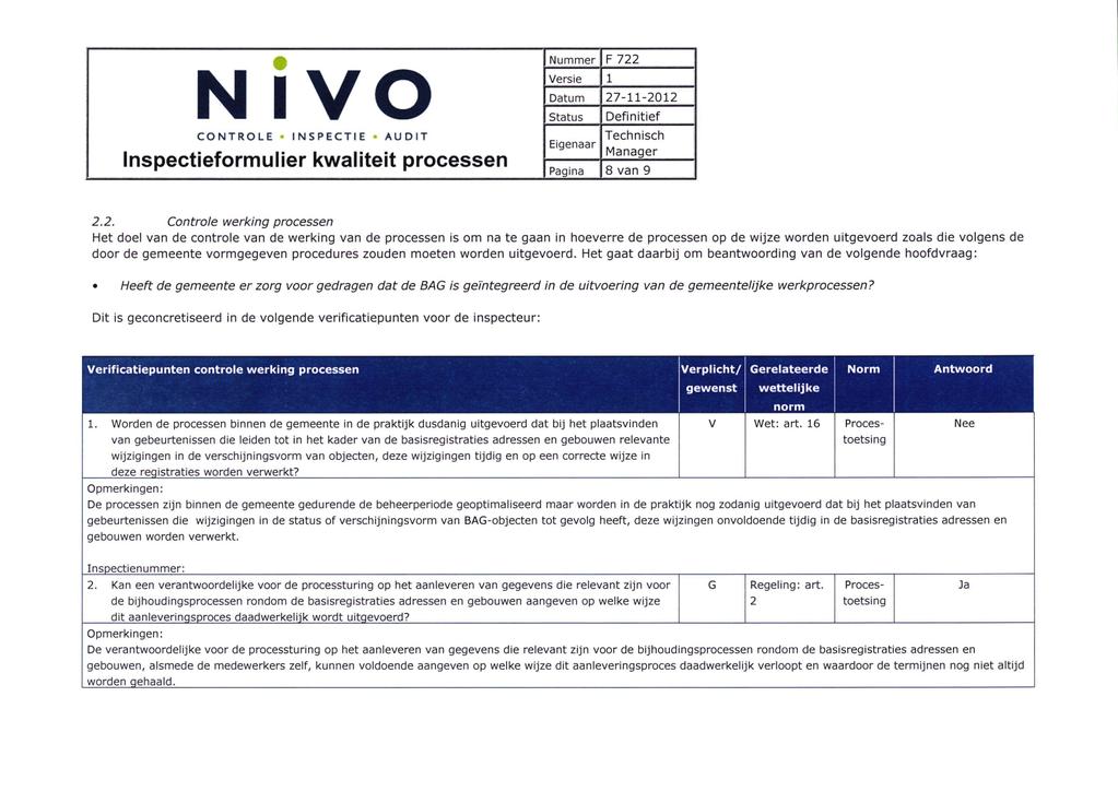 N IVO Inspectieformulier kwaliteit processen F 722
