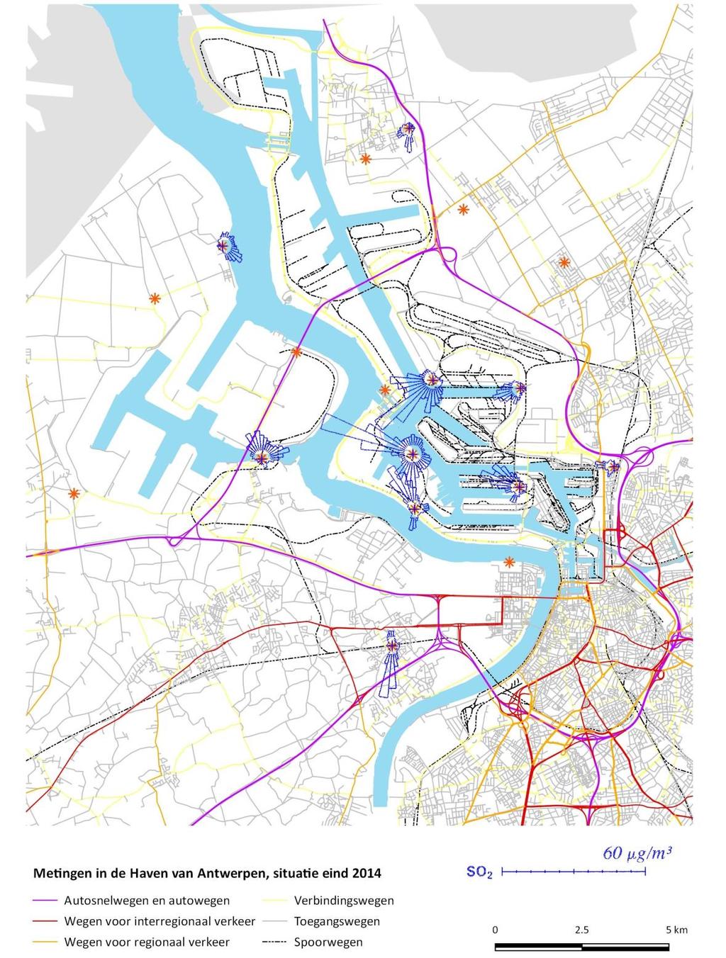 Figuur 7: Pollutierozen gemiddelde SO 2 -concentraties in het Antwerpse havengebied in 2014 3.2 Stikstofoxides NO/NO 2 Vooral verbrandingsprocessen geven aanleiding tot de uitstoot van stikstofoxides.