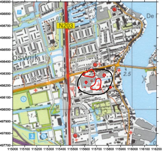 Figuur 3-2: 98 percentielconcentratie behorend bij H=-2 (14 ou E /m 3 ) - Zwarte contouren: situatie 2014 - Rode contouren: verwachte situatie na implementatie van de RTO op BMW