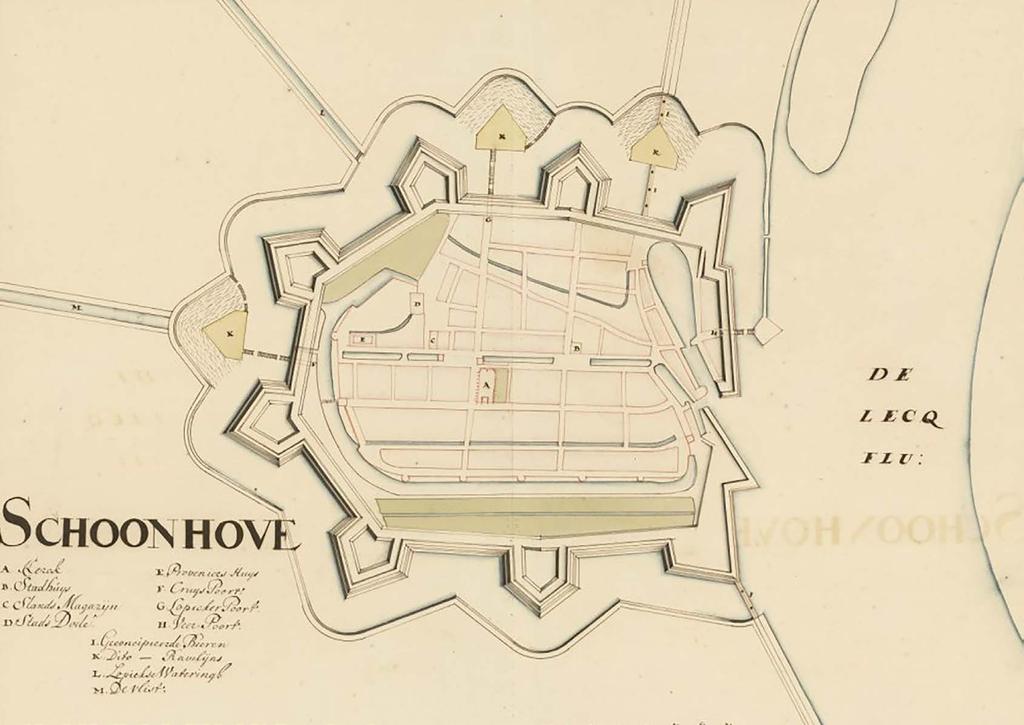 Schoonhoven historische kaart Vanaf de veerpont heb je een mooi uitzicht op de lange rechte wal van de vesting Schoonhoven, in het midden zie je de fraai gedecoreerde Veerpoort; de oude toegang tot