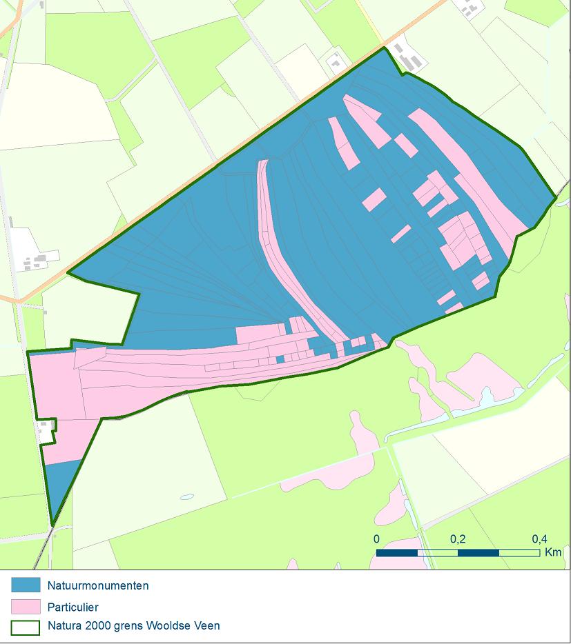 Figuur 3.2 Eigendomssituatie in het Wooldse Veen. Bron: provincie Gelderland, ontwerpbeheerplan 2014. Van het Natura 2000-gebied is ongeveer 56 hectare in eigendom van Natuurmonumenten.