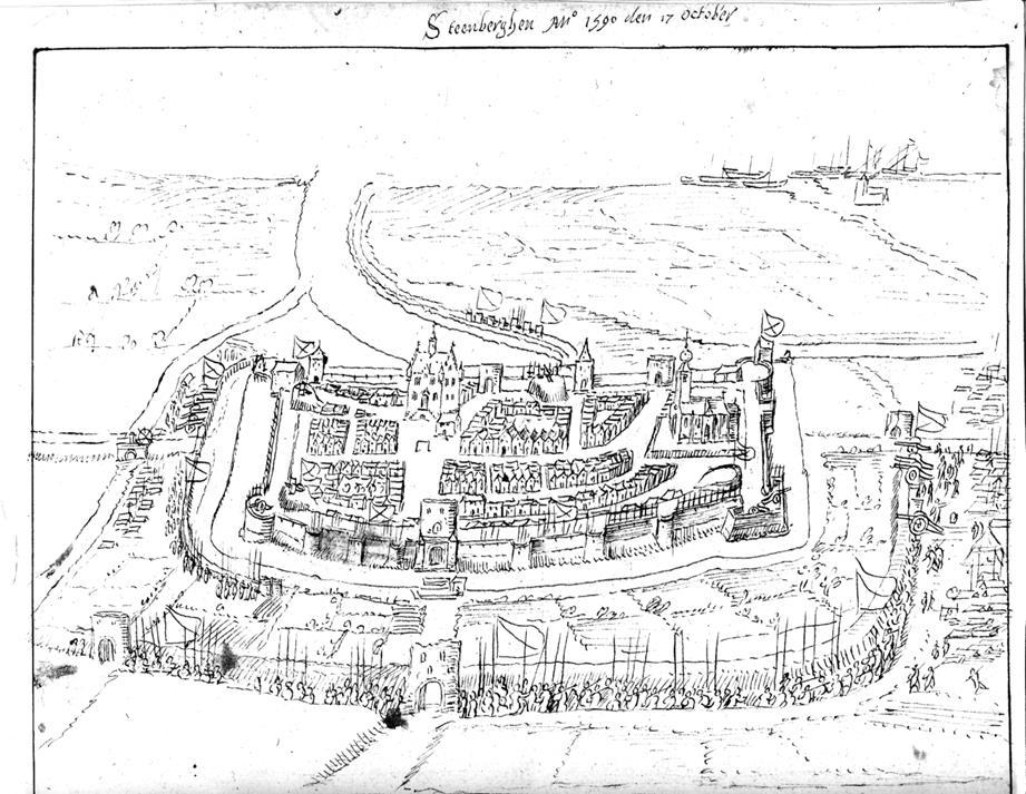afb. 4: De door het Staatse leger onder aanvoering van prins Maurits van Nassau belegerde stad Steenbergen gezien vanuit het zuiden, 17 oktober 1590.