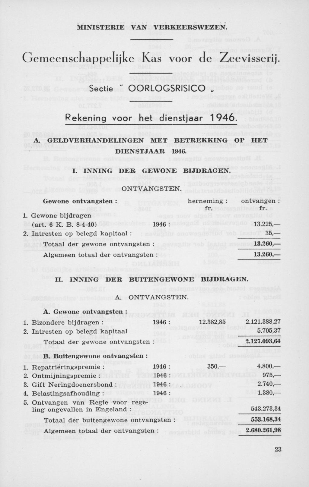 Gemeenschappelijke Kas voor de Zeevisserij. Sectie " OORLOGSRISICO Rekening voor het dienstjaar 1946. A. GELD VERHANDELINGEN MET BETREKKING OP HET DIENSTJAAR 1946. I. INNING DER GEWONE BIJDRAGEN.