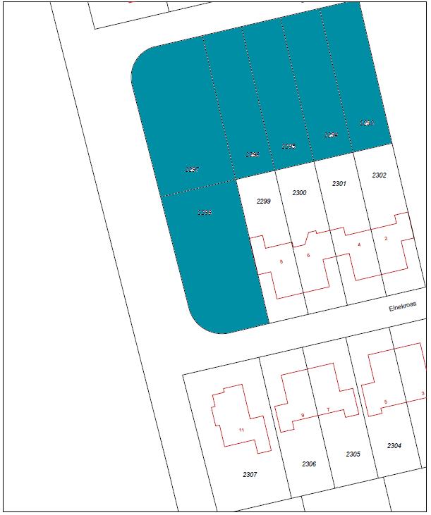 Kadaster / Kadaster Adres: Kadastrale gemeente: Einekroas 10 t/m 20 (even nummers) Bergum Sectie en nummer: I 2293 / I 2294 / I 2295 / I 2296 / I 2297 / I 2298 Oppervlakte: Eigendom: Opmerkingen: 2 a