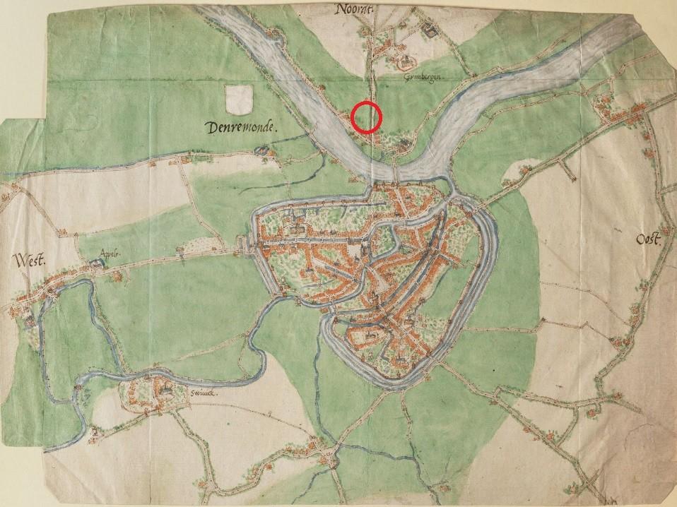 Fig. 13. Situering op een kaart van Dendermonde en Grembergen uit 1550-1565 (www.cartesius.be).