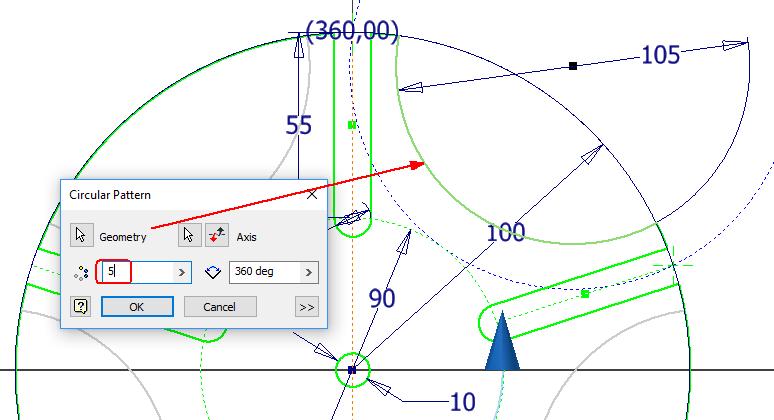 Maak een vijfvoudig Circular Pattern van de overblijvende boog in de figuur (blauw) rond de Z-as. Trim het overtollige. Er ontbreken nu nog enkele afmetingen in je tekening.