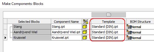 iam, en kies als Template voor Standard(DIN).iam. Klik op Next. Selecteer in het volgend dialoogvenster voor de drie onderdelen het Template Standard (DIN).ipt en klik vervolgens op OK.