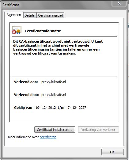 1.1. Microsoft Internet Explorer / Google Chrome Voor Explorer en Chrome gaat de installatie als volgt: Download en open het certificaat van https://cert.kliksafe.