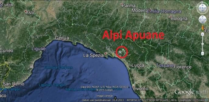 Deel 2: Alpi Apuane Fig. 12. Situering van de Apennijnse Alpen (Alpi Apuane), een prachtig ruw berggebied. Fig. 13. Detail van de tocht vanuit het dorpje Resceto.