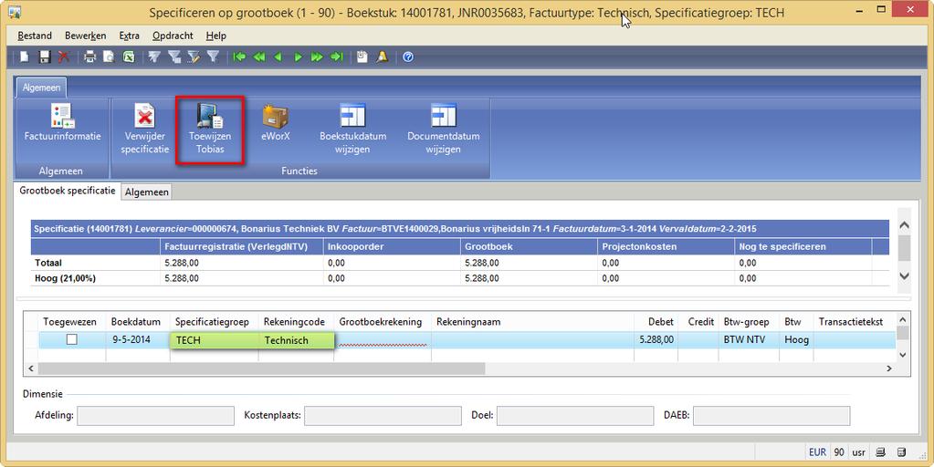 Technische facturen specificeren 1. Klik in het lint op de knop Grootboek: Het scherm Specificeren op grootboek verschijnt: 2.