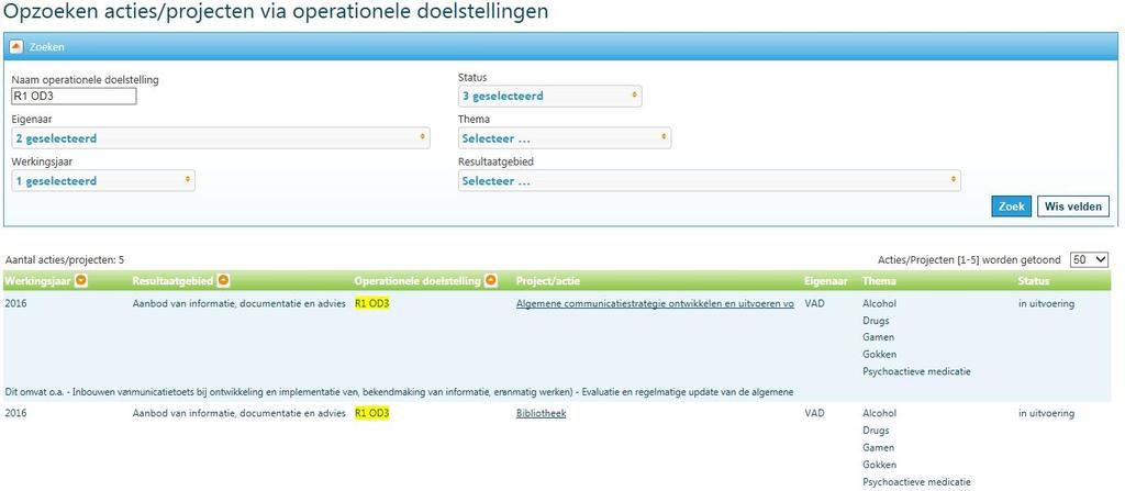 Er kan ook op Eigenaar (organisatie), Werkingsjaar (standaard huidige jaar), Status (standaard ingepland, in uitvoering, uitgevoerd), Thema en Resultaatgebied gezocht worden.