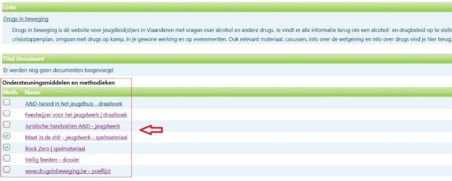 Naast de velden Naam, Beschrijving, Contactinfo, Thema( s), Setting, Actiestrategie(ën), Context, Publicatiedatum, Links en Documenten, kan je in een methodiek bijkomend de ondersteuningsmiddelen die