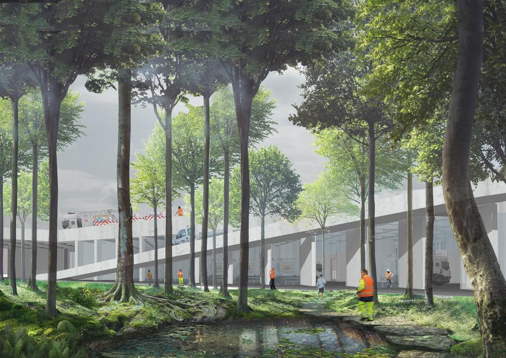 Het bureau Tetra architecten ging de uitdaging aan en slaagde erin de logistieke activiteiten te combineren met groene ruimte. Het ruimtelijke voorstel trekt het Meudonpark door richting kanaal.