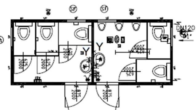 20 toilet unit vrouwen/mannen 6055x2435mm p12 2 buitendeuren naar buiten opendraaiend, 875x2000mm vrije opening 811x1940mm 4 sanitaire ramen, 652x714mm geplaatst op een hoogte van 1525mm gemeten