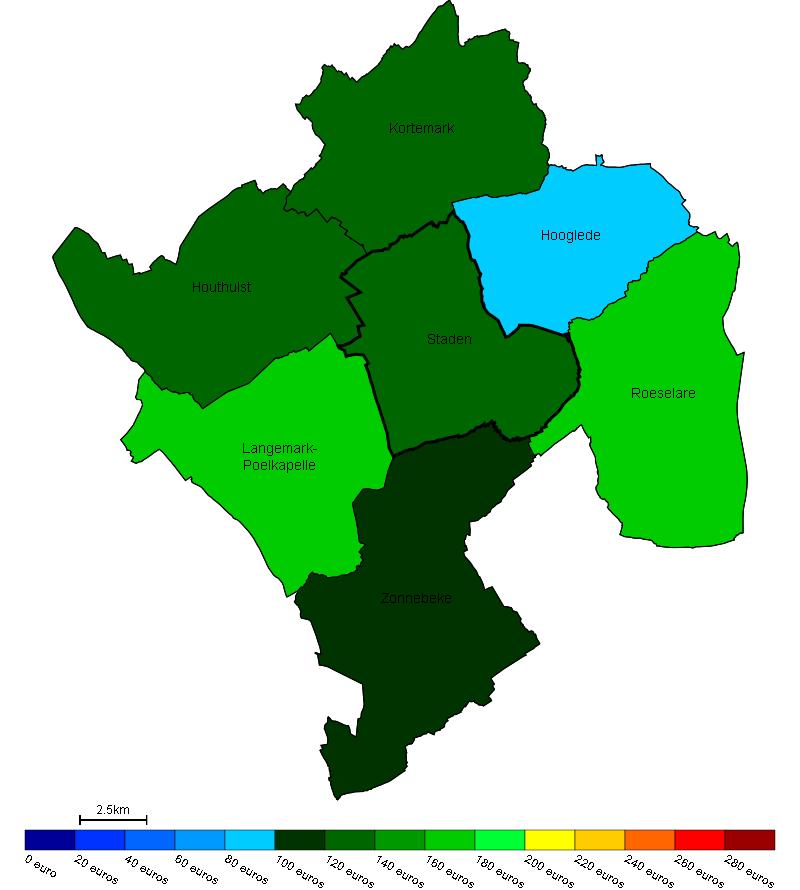 Vastgoed Prijs van bouwgrond in Staden en omgeving Gemiddelde prijs in e/m 2 van bouwgrond in Staden en omgeving Bron : Berekeningen van de ADSEI (FOD Economie) op basis