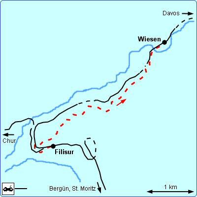 Wandelroute Filisur - Wiesen : 1h45 Afstand : 5.5 km Categorie : gemiddeld Gebruikersoordeel : 8 U kunt deze wandeling combineren met een bezoek aan het uitzichtpunt op het beroemde Landwasserviadukt.