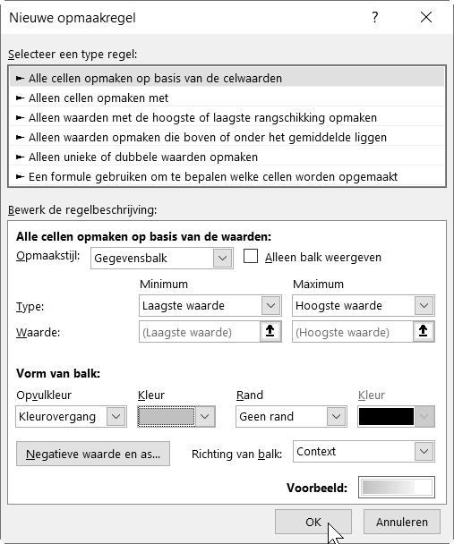 Selecteer de cellen F6:F17 Het venster Nieuwe opmaakregel verschijnt: Selecteer bij de optie Hiermee zie je bij de laagste waarde geen