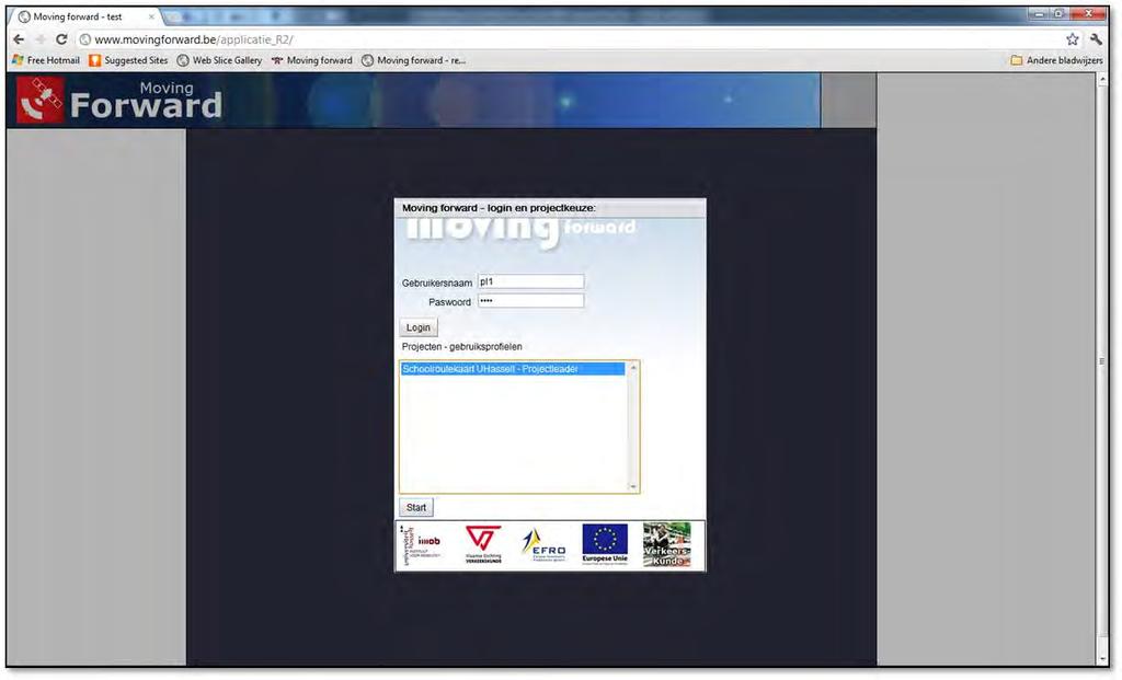 1.2 Inloggen Om in te loggen als projectleider in de nieuwe applicatie, surft u eerst naar de volgende site: http://www.movingforward.be/applicatie_r2.
