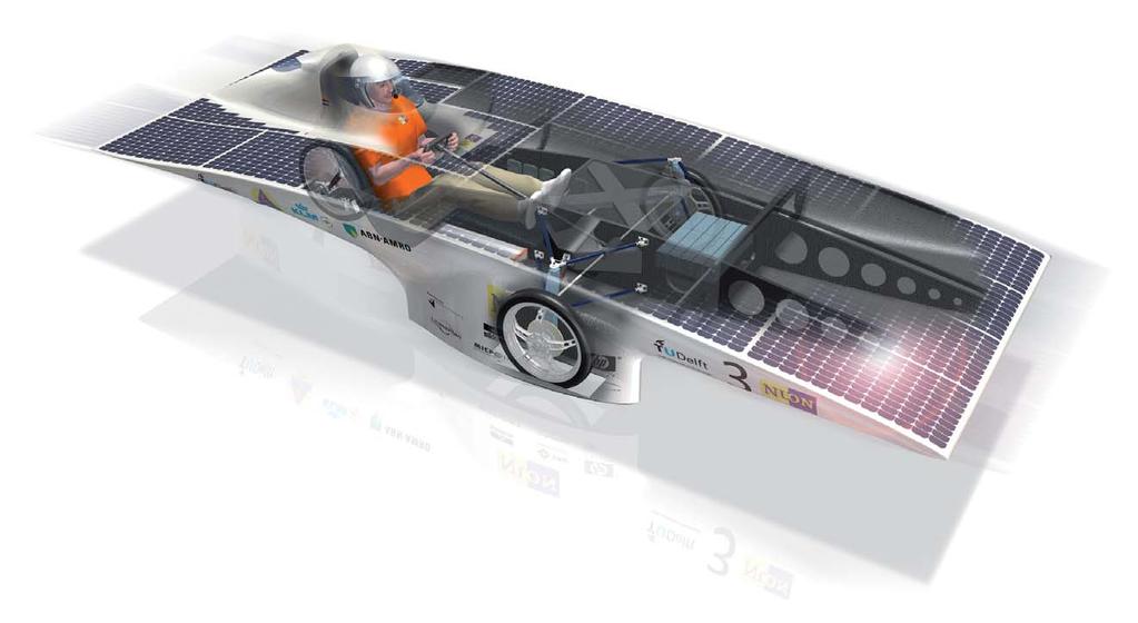 11 10 Kijkje onder de huid van de Nuna4. Exclusief coureur weegt de zonnecelauto 190 kg. Hij haalt een top van 145 km/h.