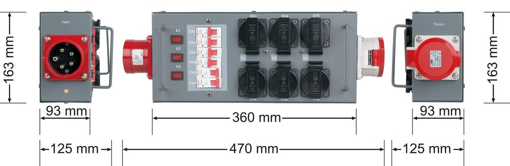 Productspecificaties Model: Showtec Split Power 32 Invoer: 1 stuk 5-polige 3x 32 ampère CEE mannetjesaansluiting op zijpaneel Uitgang: 1 stuk 5-polige 3x 32 ampère CEE vrouwtjesaansluiting op