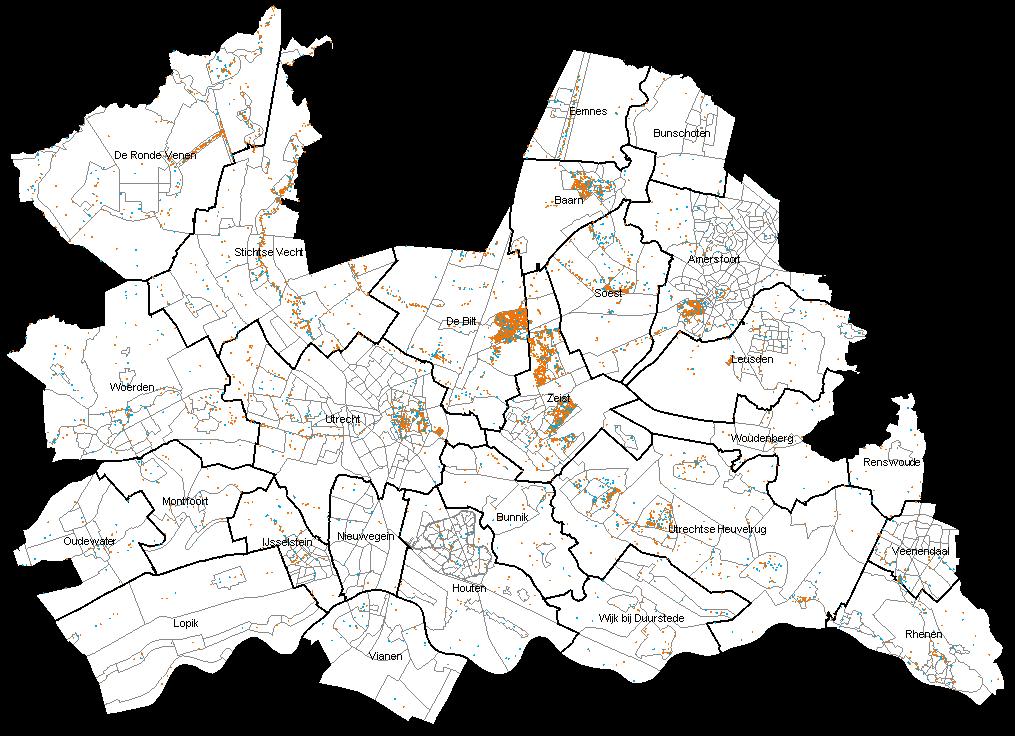 Figuur 5 Miljoenenwoningen in de regio Utrecht Het huidige aanbod aan miljoenenwoningen betreft zo n 2.273 met een gemiddelde vraagprijs van 1,5 miljoen euro (zie tabel 4).