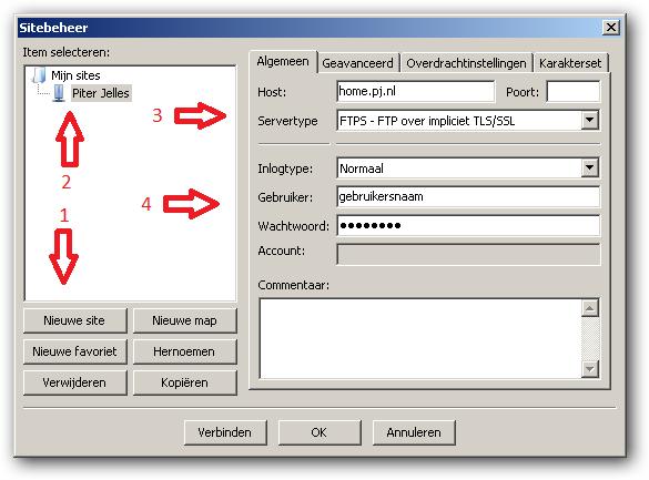 Klik vervolgens links bovenin op het icoontje Sitebeheer. Vervolgens gaan we de verbindingsgegevens instellen. 1. Klik op het knopje Nieuwe site ( new site) (pijltje 1) 2.