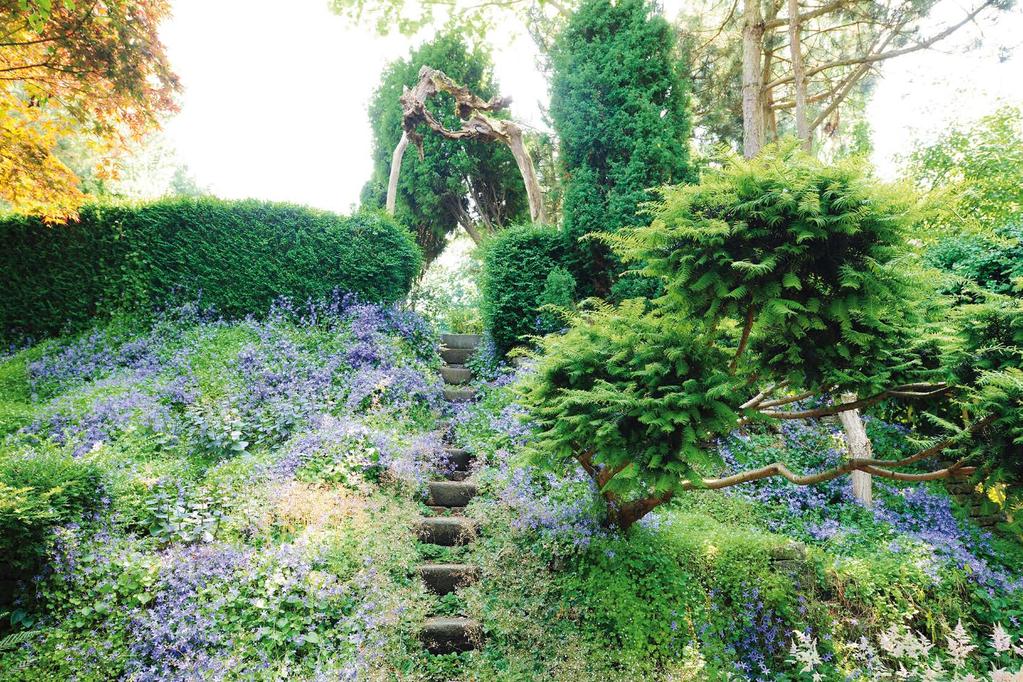 Naast de vijvers, bloemen, planten, struiken en bomen zijn ook kunstzinnige elementen in de tuin aangebracht. Theepotten op hoge palen, poppetjes aan boomtakken en een haag in stoelvorm.